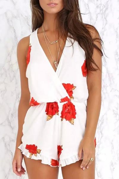 Oasap Brilliant Floral Print V Neck Rompers