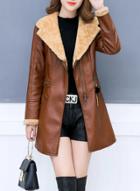 Oasap Turn Down Collar Long Sleeve Pu Leather Thicken Coat