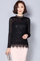 Oasap Stylish Lace Paneled Tasseled Keyhole Back Blouse