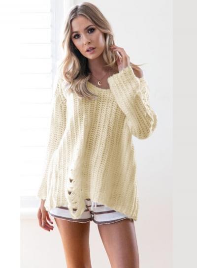 Oasap Round Neck Long Sleeve Solid Color Hollow Out Sweater