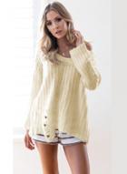Oasap Round Neck Long Sleeve Solid Color Hollow Out Sweater
