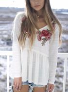 Oasap Loose Fit V Neck Long Sleeve Floral Embroidery Tee Shirt