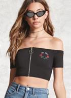 Oasap Off Shoulder Short Sleeve Front Zip Tee Shirt
