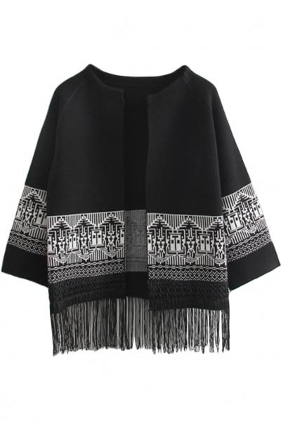Oasap Vintage Geometric Tassel Open Front Cardigan