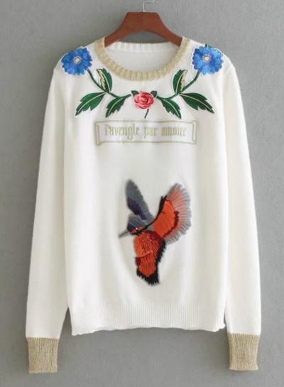 Oasap Round Neck Long Sleeve Embroidery Pullover Sweater
