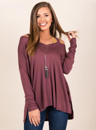 Oasap Solid Color V Neck Off Shoulder Irregular Tee Shirt