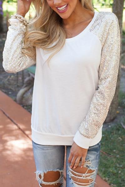 Oasap Cream Sequin Paneled Round Neck Sweatshirt