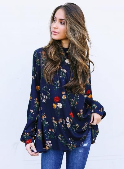 Oasap Long Sleeve Mock Neck Floral Print Blouse