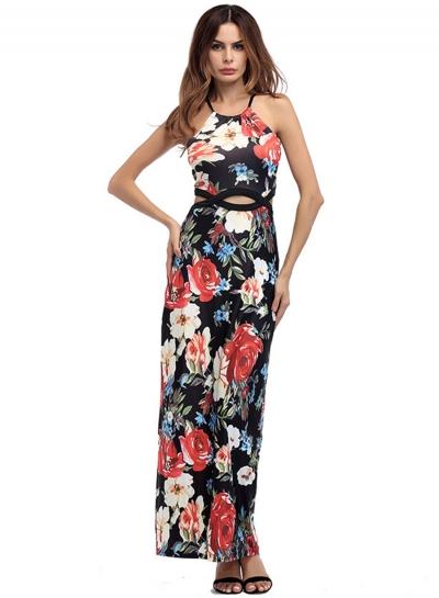 Oasap Spaghetti Strap Floral Print Split Maxi Dress