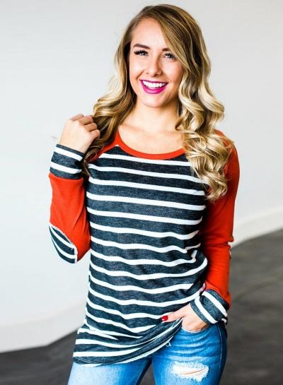 Oasap Round Neck Long Sleeve Stripes Splicing Pullover Tee Shirt