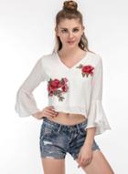 Oasap Floral Embroidery Backless Flare Sleeve Crop Top