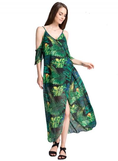 Oasap Spaghetti Strap V Neck Leaves Print Chiffon Maxi Dress