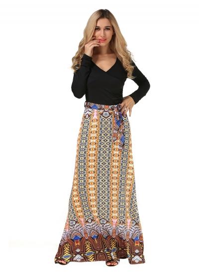 Oasap V Neck Pattern Print Long Sleeve Slim Maxi Dress
