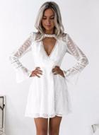 Oasap V Neck Flare Sleeve Solid Color Mini Lace Dress