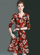 Oasap V Neck 3/4 Sleeve Floral A-line Midi Dress With Belt