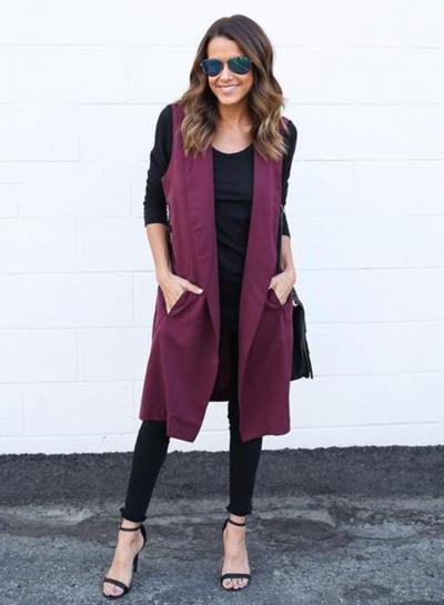Oasap Solid Color Sleeveless Turn-down Collar Open Front Vest