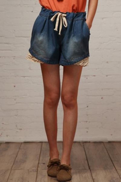 Oasap Lace Trimmed Denim Shorts