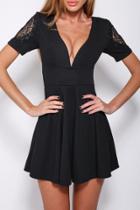 Oasap Black Skater Dress With Lace Sleeve