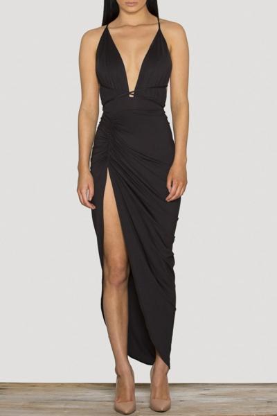 Oasap Plunging Neck Ruched Wrap Dress