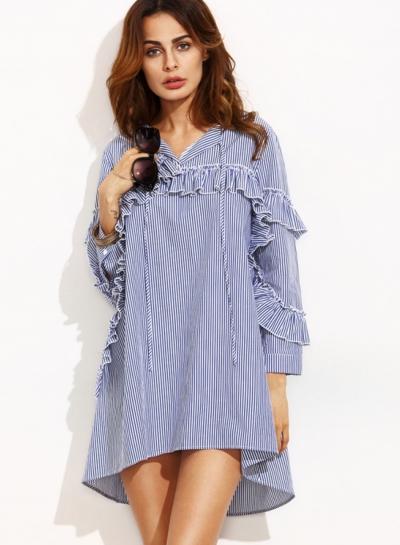 Oasap Women's Stripe Ruffle Trim Long Sleeve High Low Dress