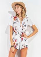 Oasap V Neck Lace Up Short Sleeve Floral Print Romper