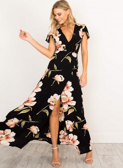 Oasap V Neck Short Sleeve High Slit Maxi Dress