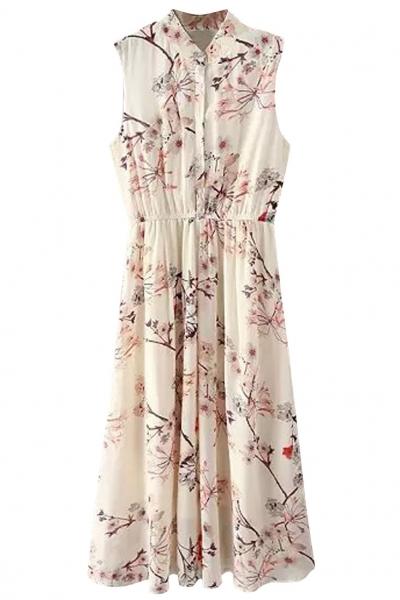 Oasap Demure Floral Print Sleeveless Shirt Dress