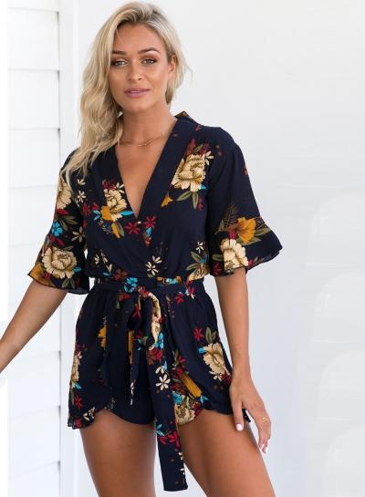 Oasap Deep V Neck Floral Print Romper With Belt