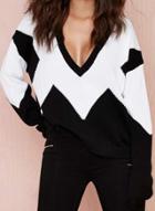 Oasap Woemn's V Neck Long Sleeve Color Block Pullover Sweater