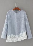 Oasap Round Neck Long Sleeve Striped Lace Splicing Blouses