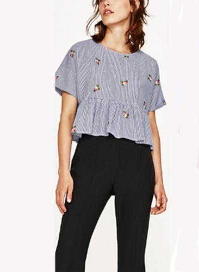 Oasap Floral Embroidery Stripped Shirt