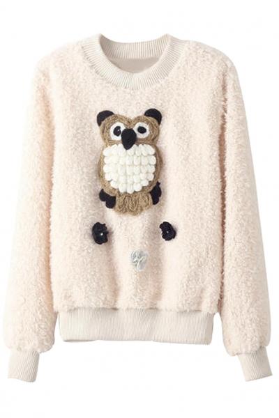 Oasap Casual Owl Deco Beige Sweatshirt