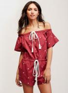 Oasap Off Shoulder Short Sleeve Print Tassel Tie Romper