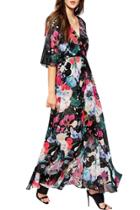 Oasap Women's Deep V Neck Half Sleeve Floral Print Beach Maxi Dress