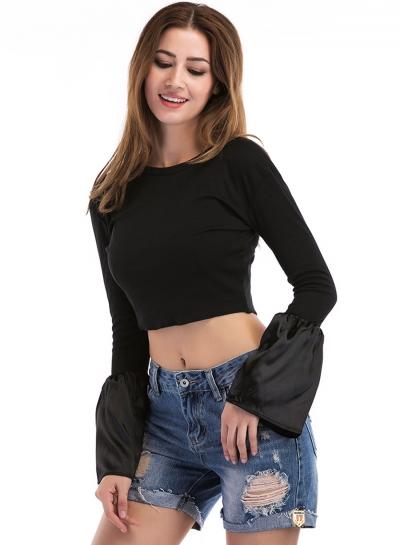 Oasap Flare Sleeve Solid Color Tops