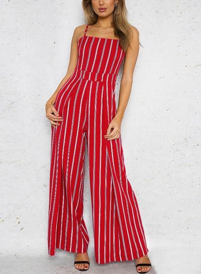 Oasap Spaghetti Strap Sleeveless Striped Backless Jumpsuit