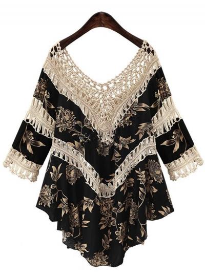 Oasap V Neck Hollow Out Irregular Floral Printed Dress