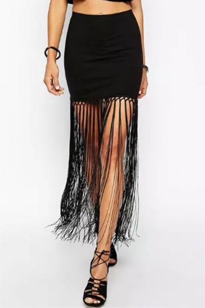 Oasap Tasseled Hem High Waist Skirt