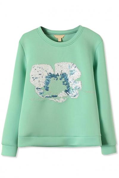Oasap Essential Sequined Floral Green Sweatshirt