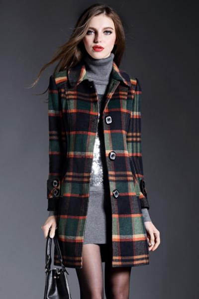 Oasap Elegant Tartan Plaid Turn-down Collar Coat