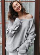 Oasap Solid Color Loose Fit Lace Sleeve Knit Sweater