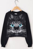 Oasap Cat Print Cropped Sweatshirt