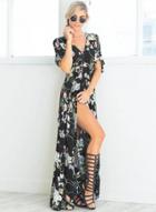 Oasap V Neck Short Sleeve High Split Floral Printed Maxi Bohemian Dress