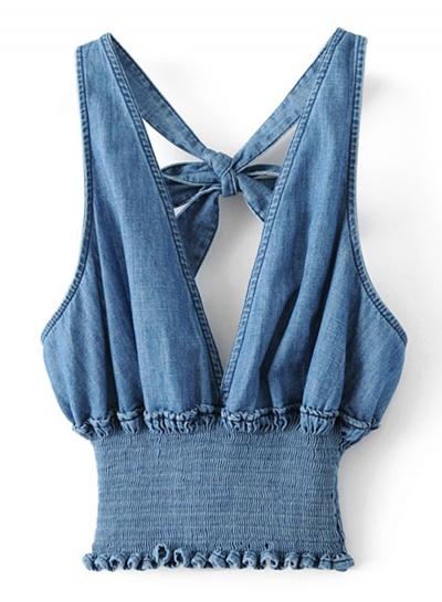 Oasap Deep V Neck Sleeveless Denim Crop Top