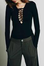 Oasap Chic Lace-up Front Long Sleeve Slim Fit Tee