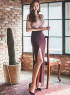 Oasap V Neck Color Block Slit Bodycon Long Prom Dress