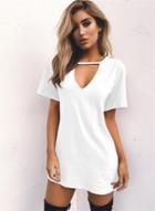 Oasap T-shirt Dress V Neck Loose Solid Color Short Sleeve Mini Dress