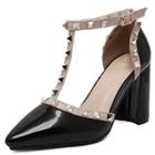 Oasap Pointed Toe T-strap Rivet Chunky Heels Pumps