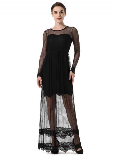 Oasap Round Neck Long Sleeve Mesh Panel Sheer High Slit Dress