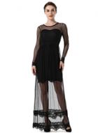 Oasap Round Neck Long Sleeve Mesh Panel Sheer High Slit Dress